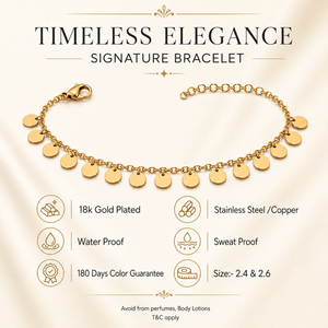 Gold Plated Chain Bracelet with Cascading Round Disc Coin Drop Charms and Lobster Clasp
