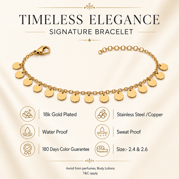 Gold Plated Chain Bracelet with Cascading Round Disc Coin Drop Charms and Lobster Clasp