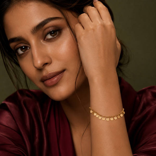 Gold Plated Chain Bracelet with Cascading Round Disc Coin Drop Charms and Lobster Clasp