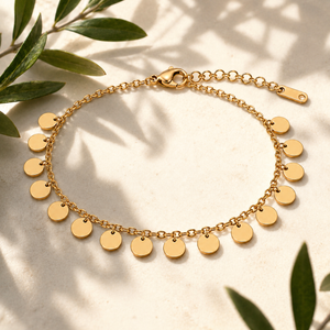 Gold Plated Chain Bracelet with Cascading Round Disc Coin Drop Charms and Lobster Clasp