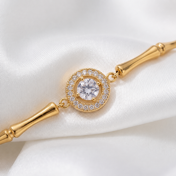 Gold Plated Bamboo Bar Link Bracelet with Round White Stone Halo and Drop Bar Pendant