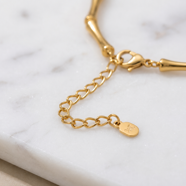 Gold Plated Bamboo Bar Link Bracelet with Round White Stone Halo and Drop Bar Pendant
