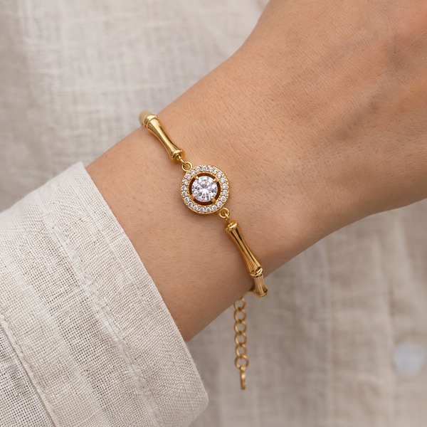 Gold Plated Bamboo Bar Link Bracelet with Round White Stone Halo and Drop Bar Pendant