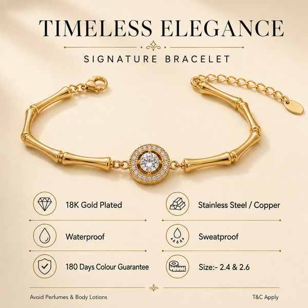 Gold Plated Bamboo Bar Link Bracelet with Round White Stone Halo and Drop Bar Pendant