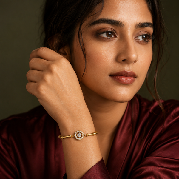 Gold Plated Bamboo Bar Link Bracelet with Round White Stone Halo and Drop Bar Pendant