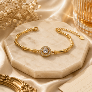 Gold Plated Bamboo Bar Link Bracelet with Round White Stone Halo and Drop Bar Pendant