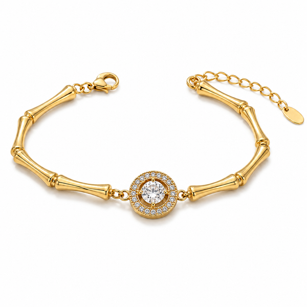 Gold Plated Bamboo Bar Link Bracelet with Round White Stone Halo and Drop Bar Pendant