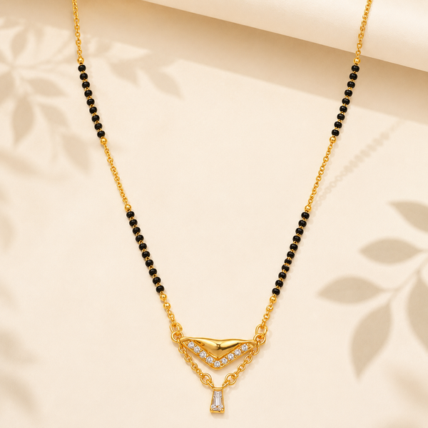 KZ Gold Plated V Shape Fan CZ Mangalsutra for Women Black Bead Chain Fan Pendant with Drop FS - House of Viya