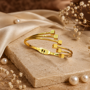 Kadas Gold-Tone Openable Triple-Line Kada with Geometric Square Motif Accents - Polished Finish Modern Cuff Bracelet