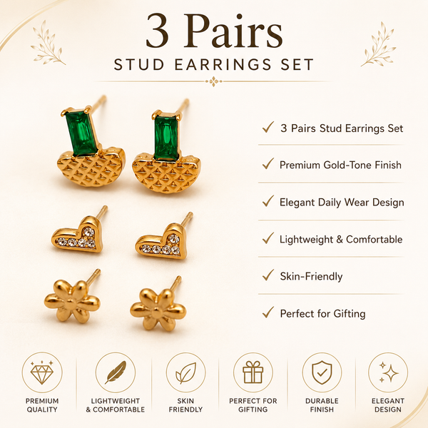 Earrings Antique Fan Emerald, Pave Wave Bow & Gold Floral Stud Earrings Set of 3 Pairs