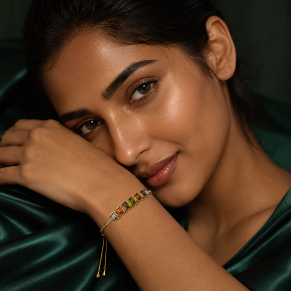 Gold Plated Adjustable Slider Bolo Bracelet with Multicolor Rainbow Baguette Stone Tennis Center