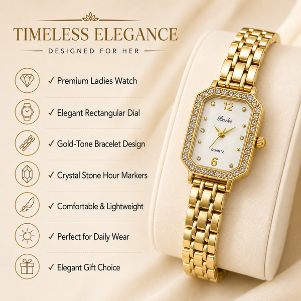 Watches Gold-Tone Rectangular Dial Crystal Studded Chain Bracelet Watch for Women - House of Viya