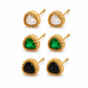 Earrings Crystal, Emerald & Black Onyx Heart Antique Halo Stud Earrings Set of 3 Pairs