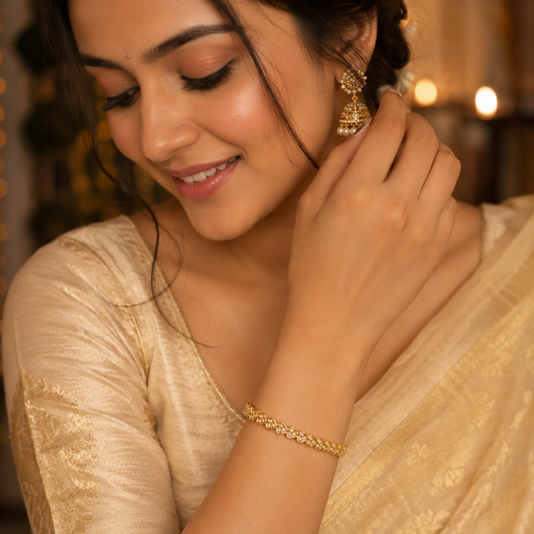 Gold Crown Tiara Prong Diamond Oval Kada for Women | Pointed Crown Stone Stainless Steel Ladies Bangle | Royal Festive Jewellery - House of Viya