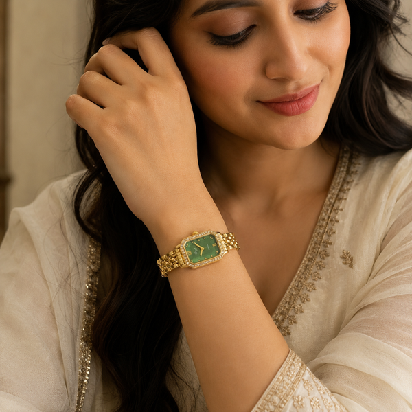 Watches Gold-Tone Rectangular Green Dial Crystal Studded Chain Bracelet Watch for Women - House of Viya
