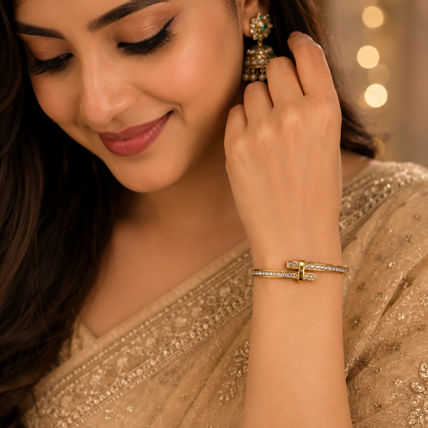 Gold Single Row Round Diamond Oval Kada for Women | Delicate Stone Band Stainless Steel Ladies Bangle | Classic Festive Jewellery - House of Viya