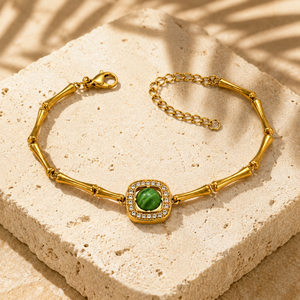 Gold Plated Bamboo Bar Link Bracelet with Rhombus Green Stone Halo Centrepiece and Lobster Clasp