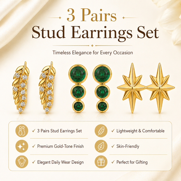 Earrings Pave Leaf Hoop, Emerald Drop & Starburst Stud Earrings Set of 3 Pairs