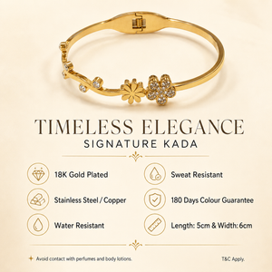 Kadas Gold-Tone Openable Floral Motif Kada with Crystal-Studded Flower Accent - Polished Finish Bypass Cuff Bracelet