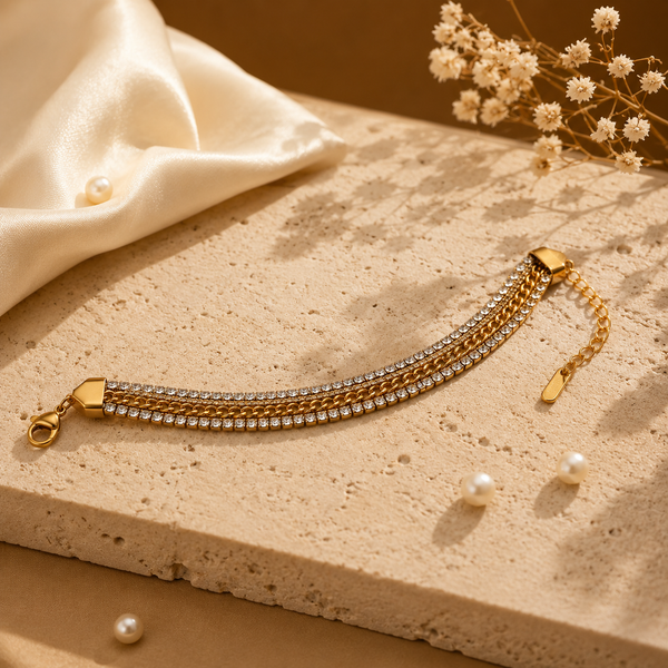 Gold Plated Wide Triple Strand Curb Chain Bracelet with Centre White Stone Tennis Row - House of Viya