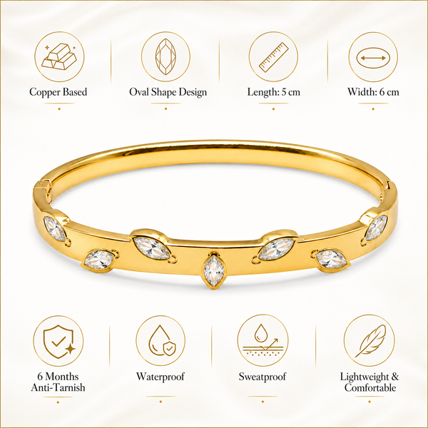 Real Oval Marquise White Stone Gold Oval Kada for Women | Bezel Set Crystal Stainless Steel Ladies Bangle | Classic White Stone Jewellery - House of Viya