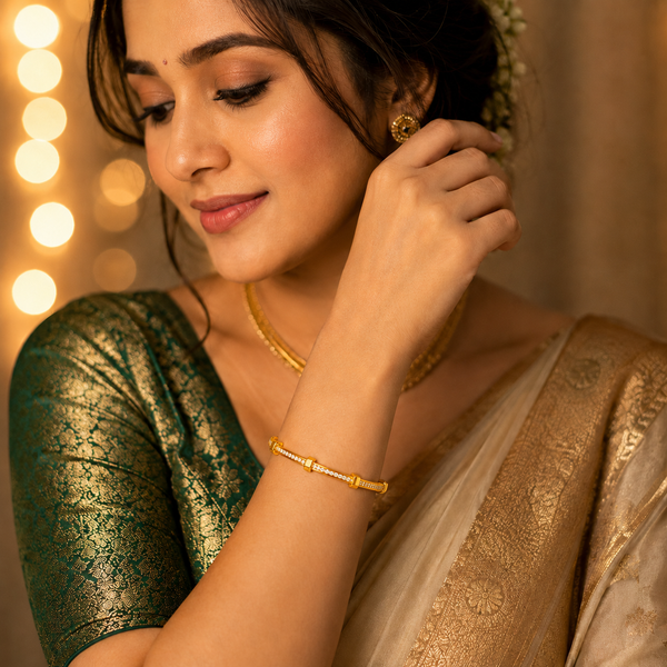 Gold Princess Cut Diamond Panel Oval Kada for Women | Square Stone Stainless Steel Ladies Bangle | Geometric Festive Jewellery - House of Viya