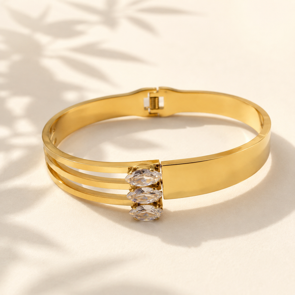 Gold Twisted Rope Diamond Oval Kada for Women | Braided Stone Stainless Steel Ladies Bangle | Textured Festive Jewellery - House of Viya