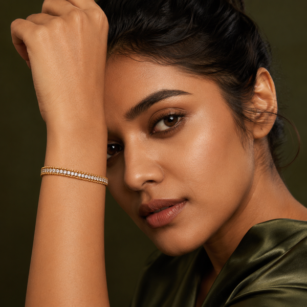 Gold Plated White Stone Tennis Centre with Dual Curb Chain Edges Statement Bracelet with Lobster Clasp - House of Viya