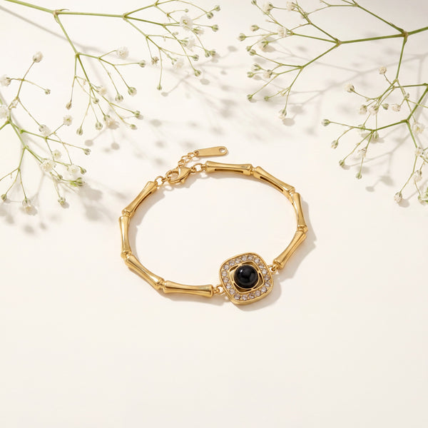 Gold Plated Bamboo Bar Link Bracelet with Rhombus Black Stone Halo Centrepiece and Lobster Clasp - House of Viya