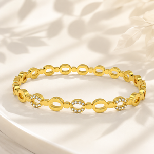 Gold Crescent Moon Diamond Oval Kada for Women | Curved Stone Stainless Steel Ladies Bangle | Celestial Festive Jewellery
