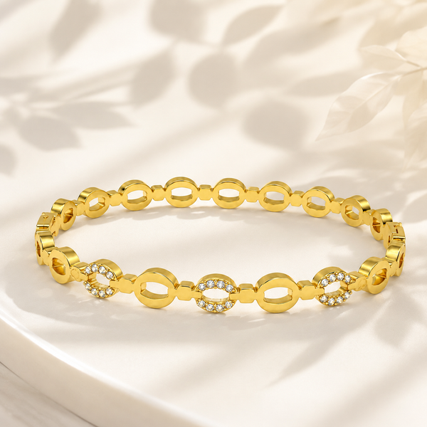 Gold Crescent Moon Diamond Oval Kada for Women | Curved Stone Stainless Steel Ladies Bangle | Celestial Festive Jewellery - House of Viya