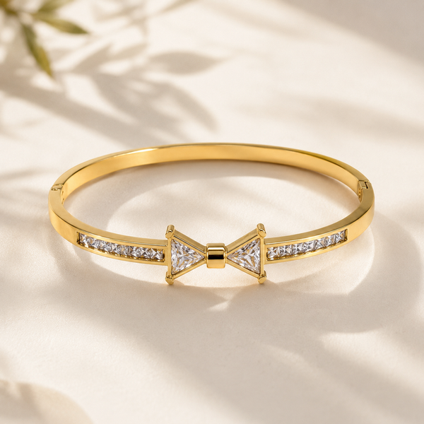 Gold Cluster Diamond Trio Oval Kada for Women | Three Stone Grouping Stainless Steel Ladies Bangle | Statement Festive Jewellery - House of Viya