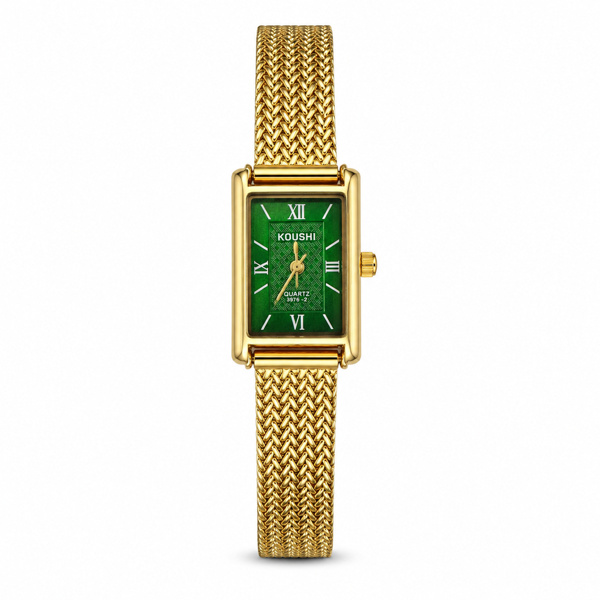 Watches Gold-Tone Rectangular Green Dial Roman Numeral Mesh Bracelet Watch for Women