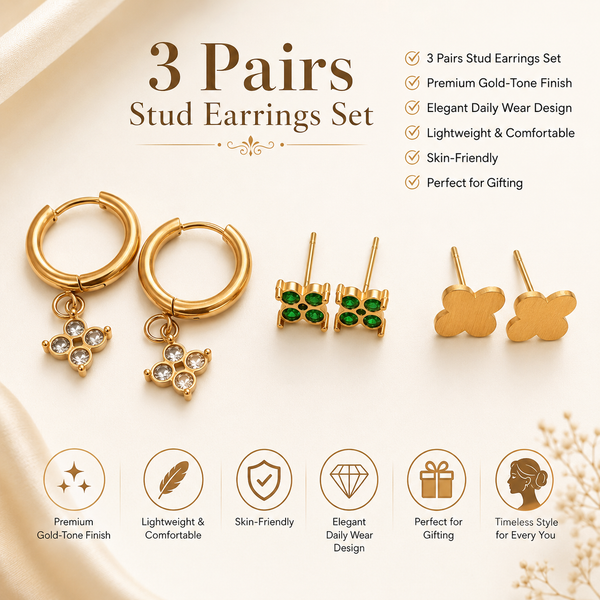 Earrings Pave Drop Hoop, Emerald Cluster Square & Gold Clover Charm Stud Earrings Set of 3 Pairs