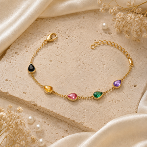 Gold Plated Multicolor Teardrop Stone Bezel Station Chain Bracelet with Lobster Clasp
