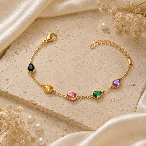Gold Plated Multicolor Teardrop Stone Bezel Station Chain Bracelet with Lobster Clasp - House of Viya
