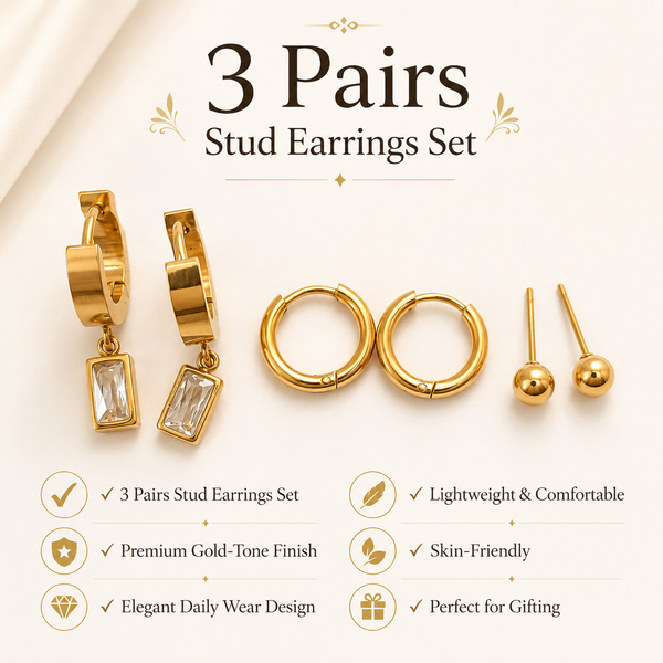 Earrings Black Enamel Baguette Drop Huggie, Circle Hoop & Gold Ball Stud Earrings Set of 3 Pairs