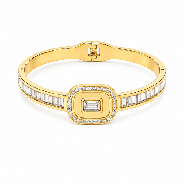 Emerald Cut CZ Halo Watch Style Baby Kada Bangle | Gold Plated Rectangular Plaque Bracelet for Women - House of Viya
