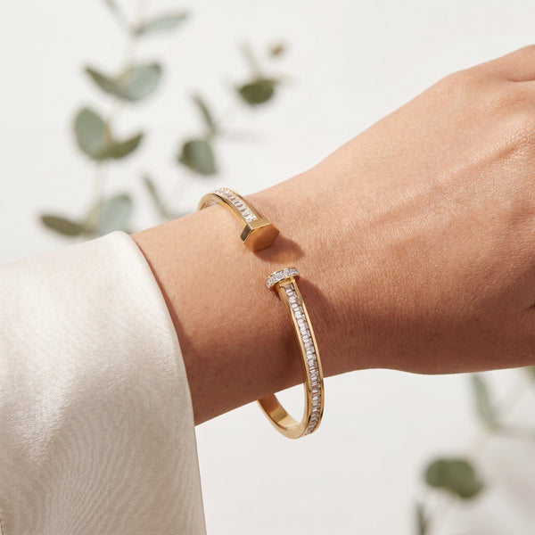 Open Dual Band Nail Design Baby Kada Bangle | Gold Plated Pave CZ Screw Head Cuff for Women