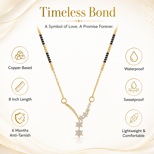 KZ Gold Plated Shooting Star 3 CZ Mangalsutra for Women Black Bead Chain Diagonal Star Pendant FS - House of Viya