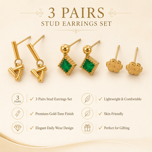 Earrings Open Triangle Drop, Emerald Square & Floral Crown Stud Earrings Set of 3 Pairs