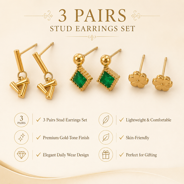 Earrings Open Triangle Drop, Emerald Square & Floral Crown Stud Earrings Set of 3 Pairs