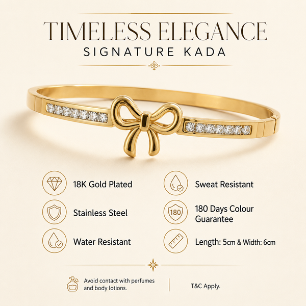 Kadas Gold-Tone Crystal-Studded Bow Motif Slim Kada for Women - House of Viya