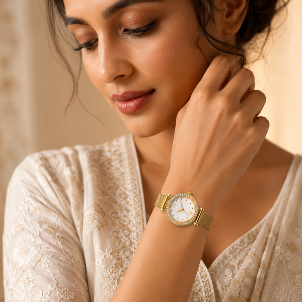 Watches Gold-Tone Round Dial Crystal Studded Bezel Mesh Bracelet Watch for Women
