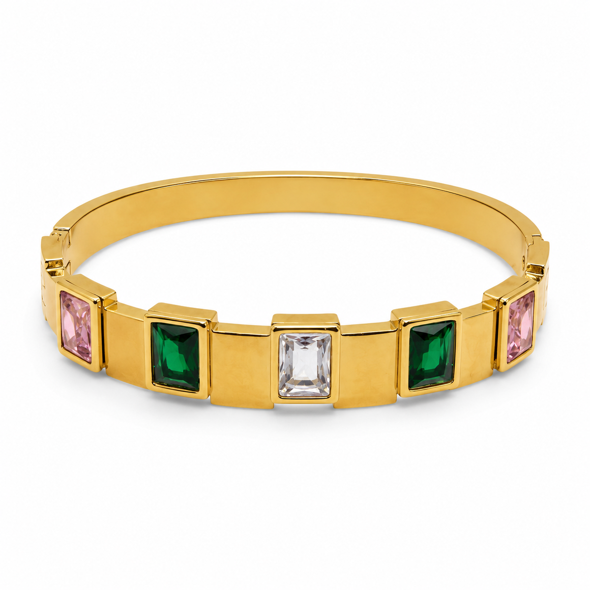 Gold Multicolor Gemstone Panel Oval Kada for Women | Pink Green White Stone Stainless Steel Ladies Bangle | Vibrant Festive Jewellery