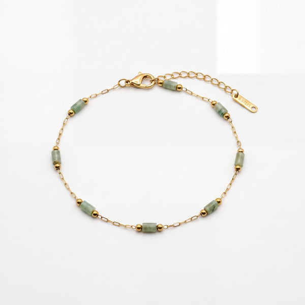 Gold Plated Green Oval Stone Station Delicate Chain Bracelet with Lobster Clasp