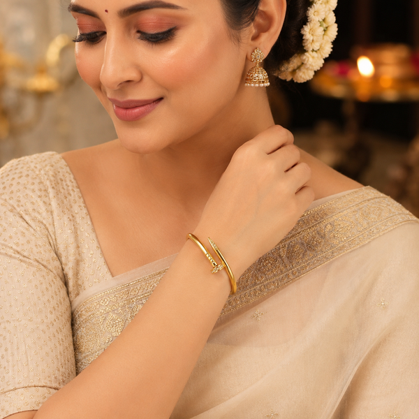 Gold Nail Shape Cuff Kada for Women | Stainless Steel Anti Tarnish Open End Bangle | Stylish Wrist Jewellery - House of Viya
