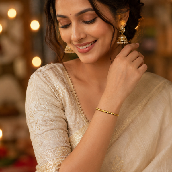 Gold Petal Leaf Textured Stud Oval Kada for Women | No Stone Embossed Floral Stainless Steel Ladies Bangle | Texture Festive Jewellery - House of Viya