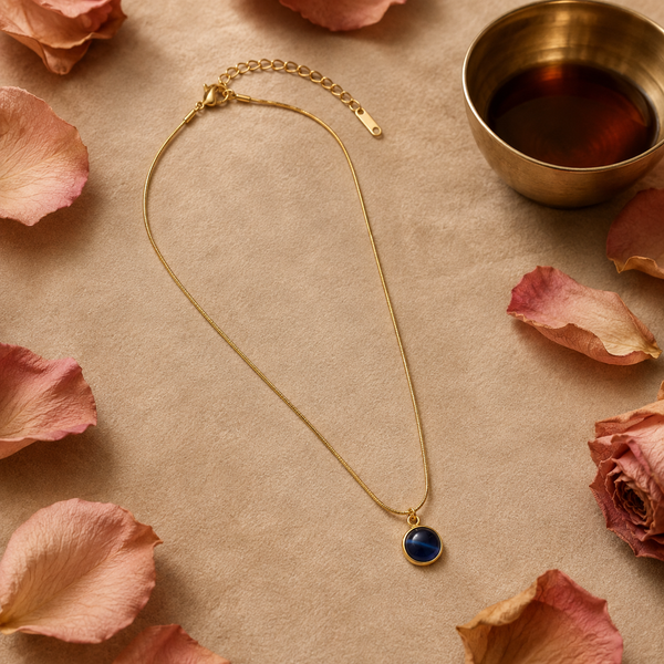 Chain 18K Gold-Plated Slim Chain with Round Dark Blue Pendant - House of Viya
