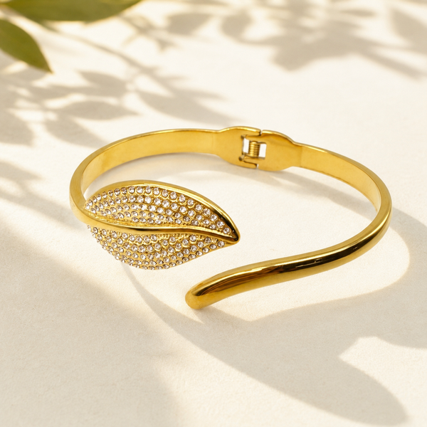 Gold Bright Satin Matte Diamond Oval Kada for Women | Dual Finish Stone Stainless Steel Ladies Bangle | Contemporary Festive Jewellery - House of Viya